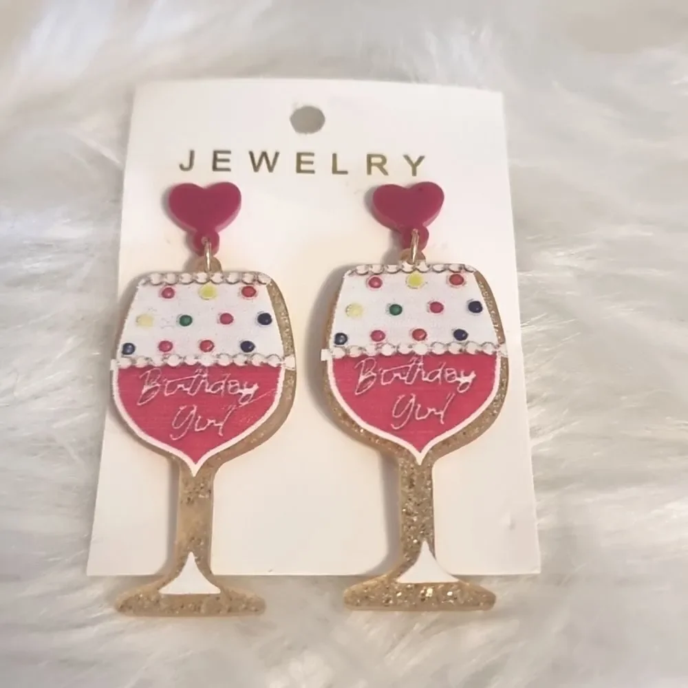 BIRTHDAY GIRL Earrings wine cocktail glass drink 2/$20 | NWOT